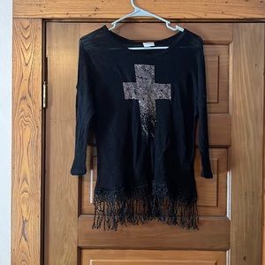 Fringe top with rhinestone cross
